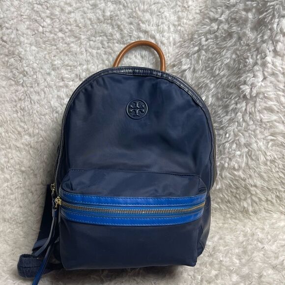 Tory Burch Perry Navy Blue Nylon small backpack royal blue leather trim . main image 10
